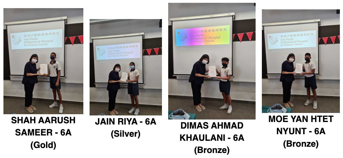 Four students from class 6A receive Gold, Silver, and Bronze certificates at a Math Olympiad award ceremony.